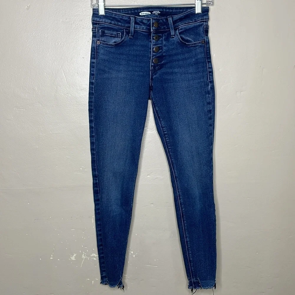 OLD NAVY Jeans ROCKSTAR Super Skinny Ankle Mid Rise Button Fly Raw Hem Size 0